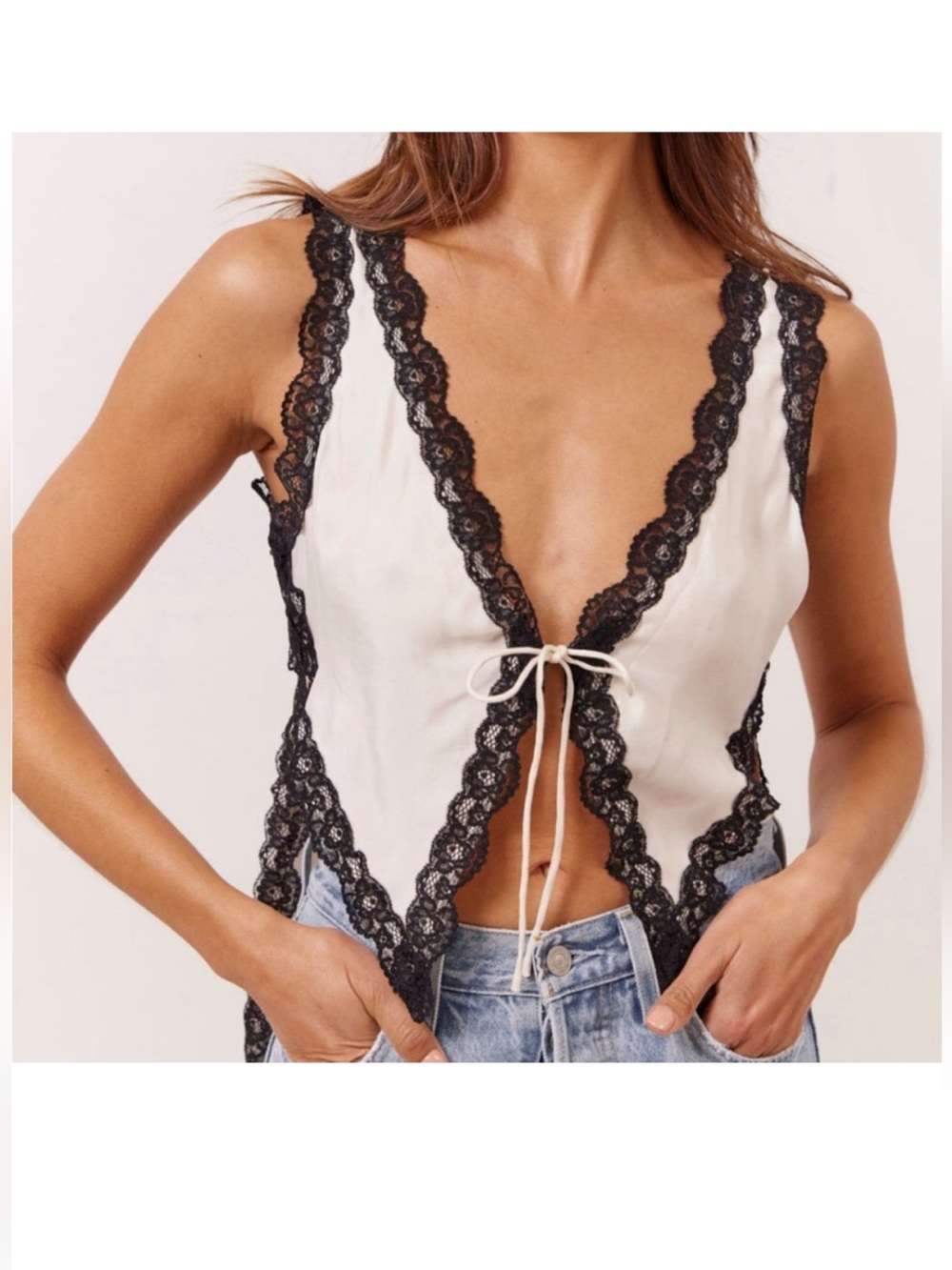 Ivory Tank Top with Black Lace Trim - Tie Front